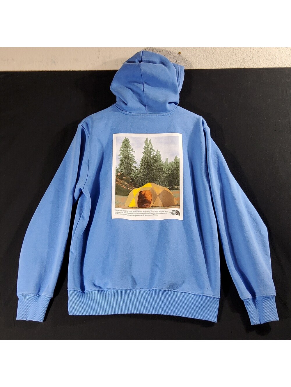 The North Face Hoodie Black Men's M Blue Back Graphic Tent pullover Sweatshirt